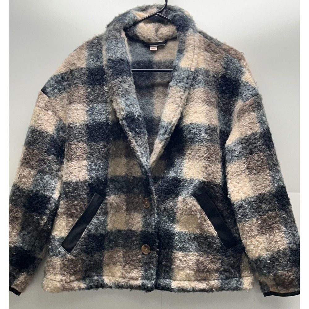 Knox Rose Women Grey Beige Plaid Boucle Sherpa Shawl Collar Jacket Small